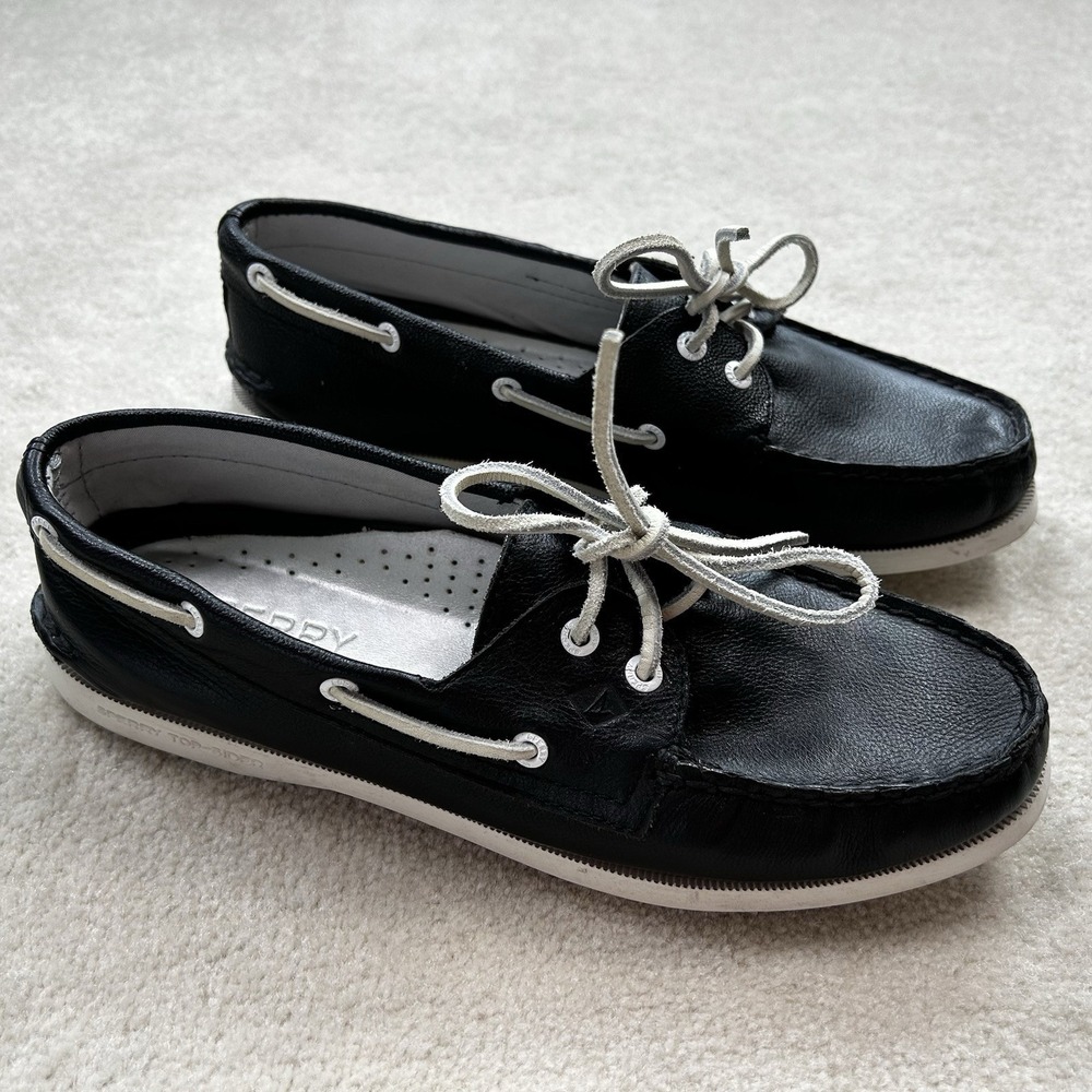 Sperry Top Sider Boat Shoes Womens 9 Leather Nautical 2 Eye Black White